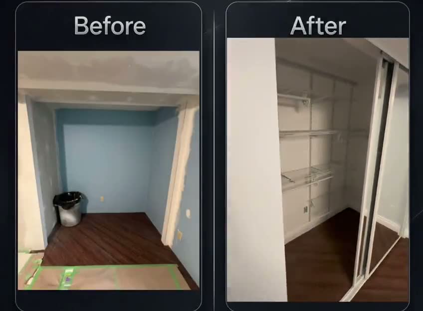 Before and after: the bare alcove, then the finished closet with mirrored doors