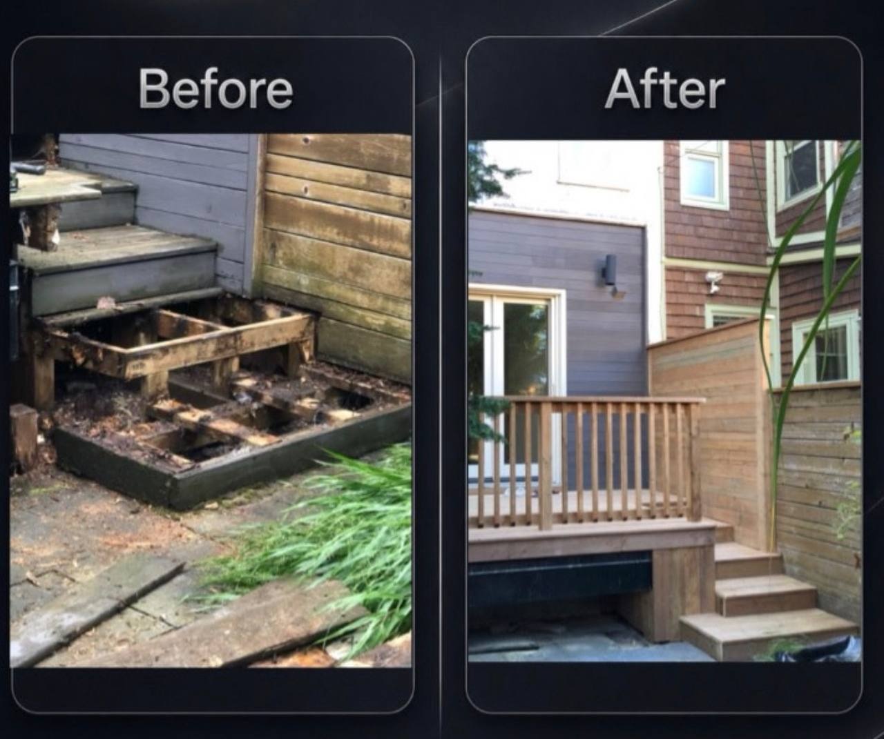 Before and after: the rotted deck framing, then the finished deck with new railing and stairs