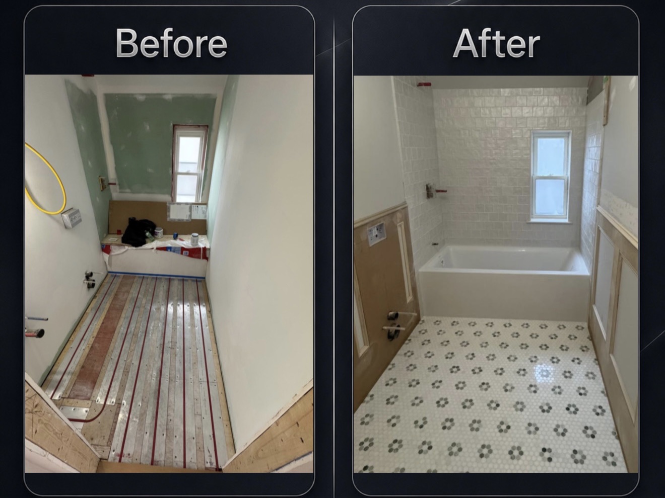 Before and after: the unfinished subfloor, then the finished hexagon tile bathroom