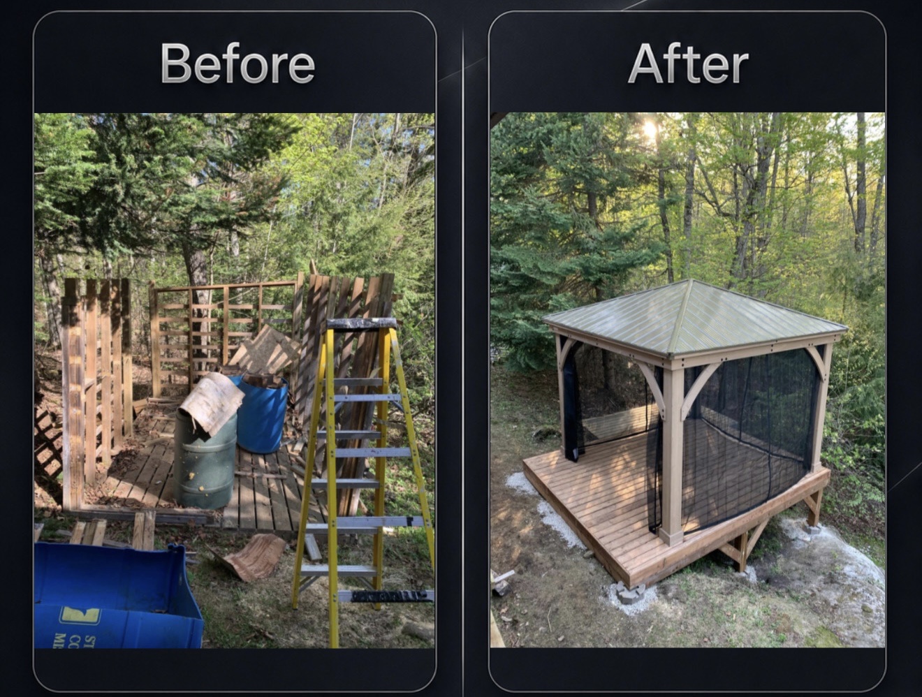 Before and after: the cleared site, then the finished screened gazebo
