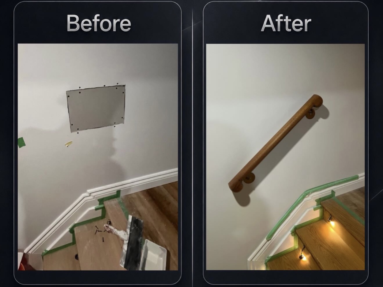 Before and after: the patched stairwell wall, then the mounted wooden handrail