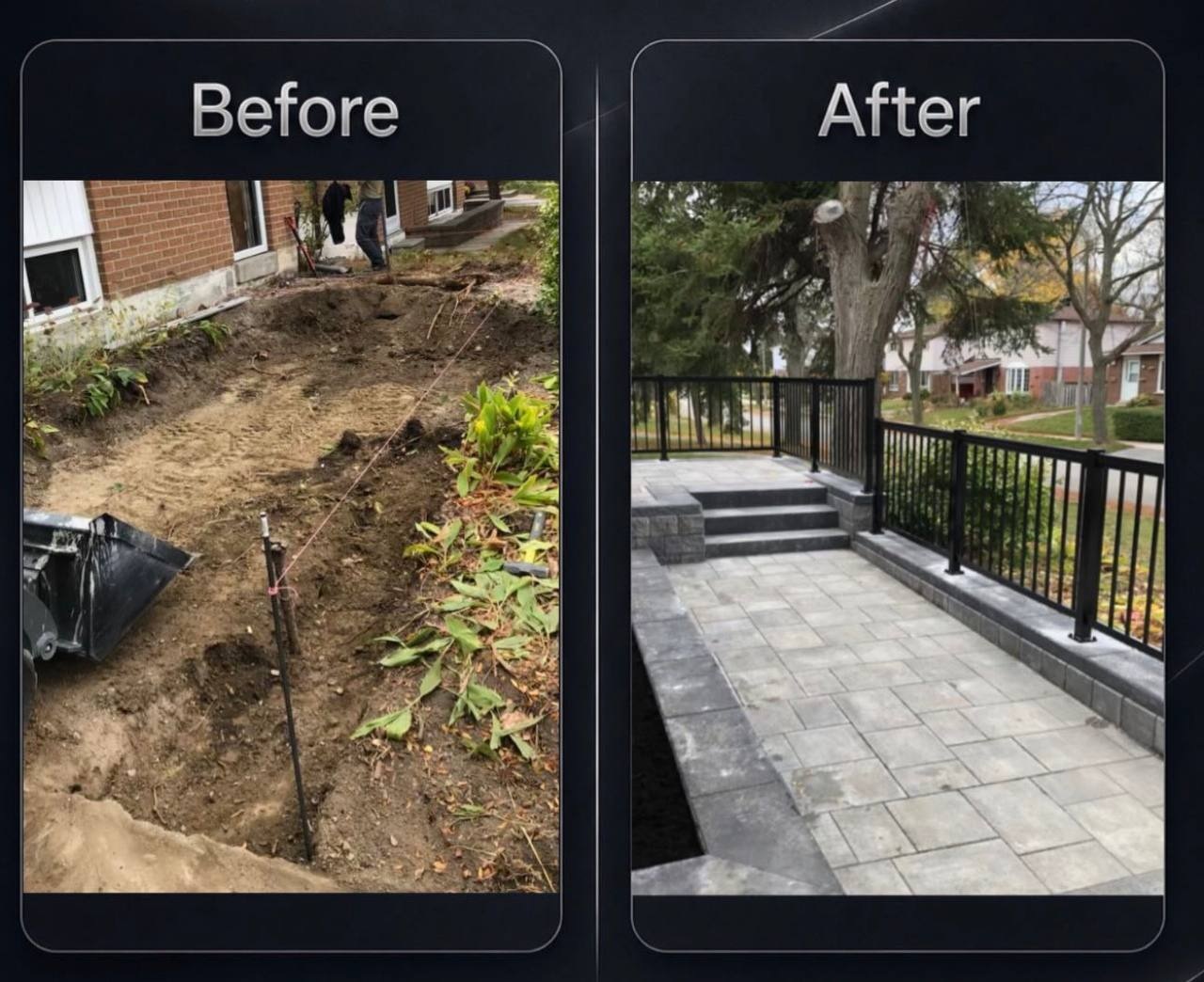 Before and after: the excavated site, then the finished paver patio with steps and railing