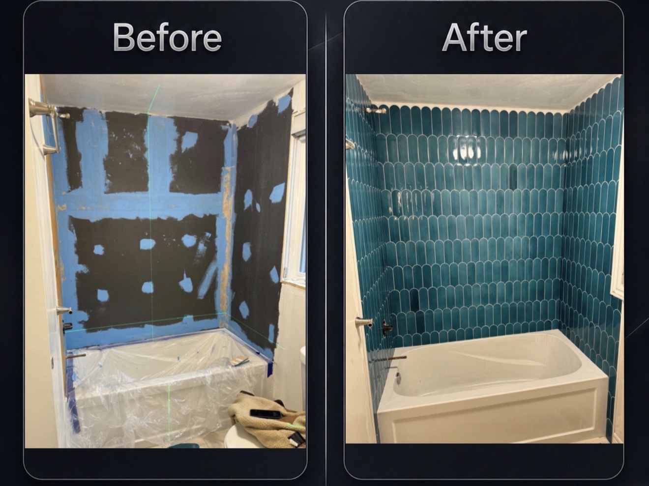 Before and after: the waterproofed shower walls, then the finished teal scallop tile