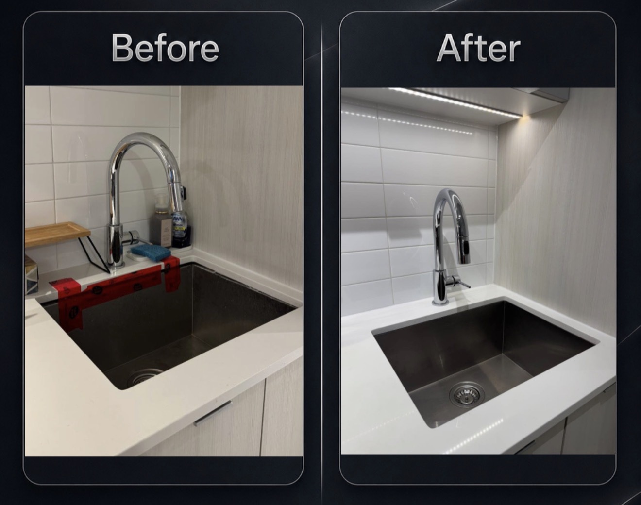Before and after: the sink after the old silicone failed, then resealed and remounted