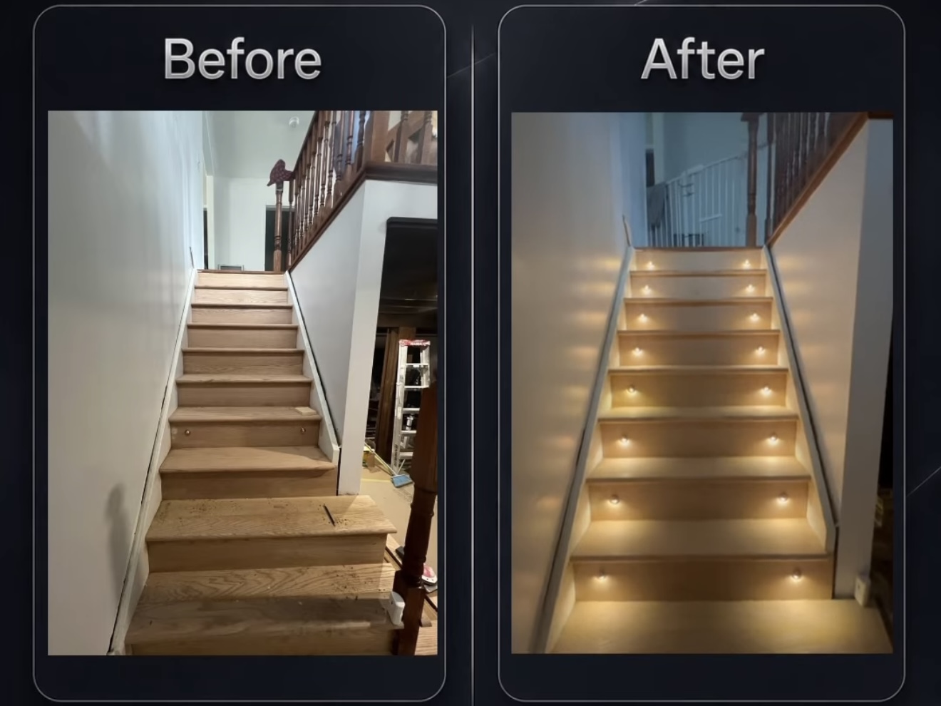 Before and after: the staircase without lighting, then with the step lights installed and lit at night
