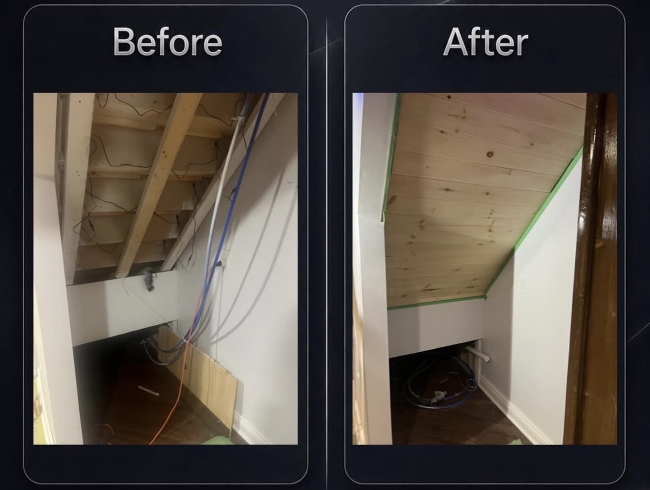 Before and after: exposed framing and wiring transformed into a finished wood-panelled under-stairs space