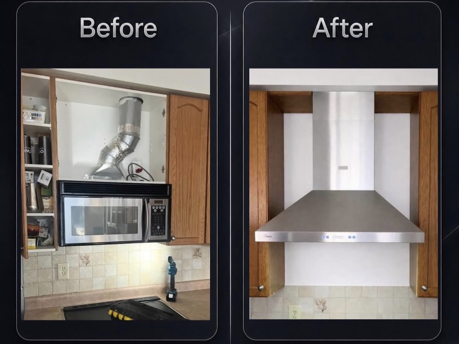 Before and after: the old microwave hood replaced by a stainless chimney hood