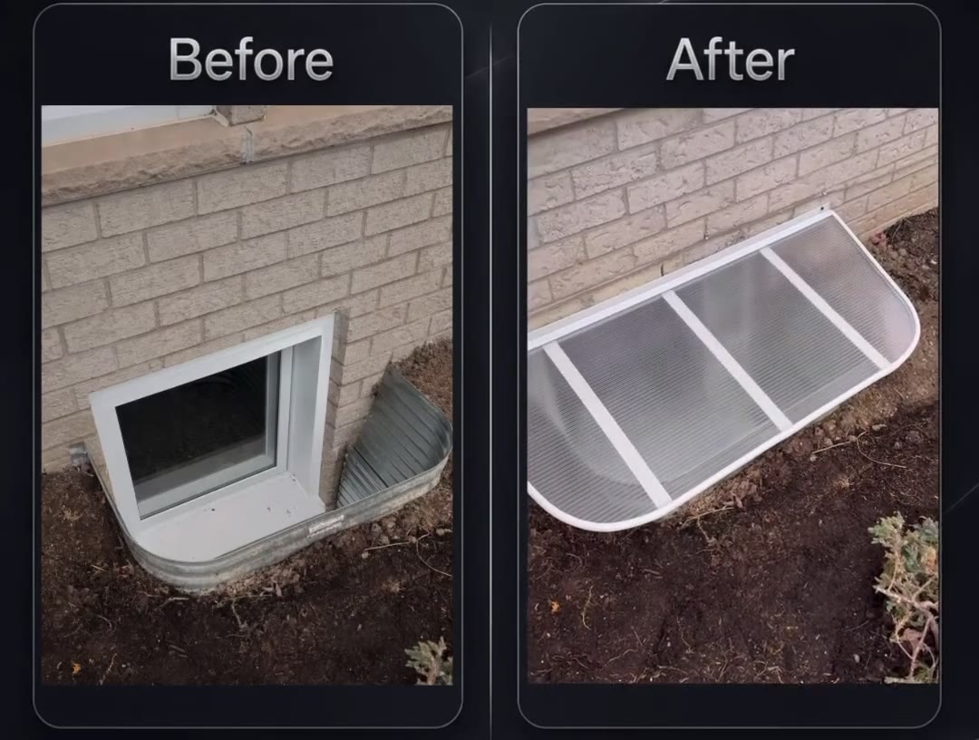 Before and after: the open window well fitted with a clear polycarbonate cover
